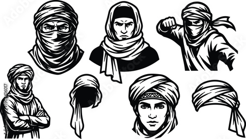Line art turbaned warrior and masked fighter vector set showing multiple head views expressions and poses including fist punch crossed arms facing forward strong monochrome