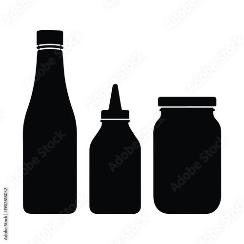 Black silhouettes of bottle, squeeze bottle, and jar on white background