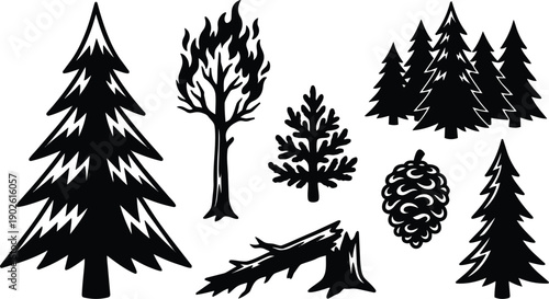 Silhouette vector set of pine trees pine cone burning tree stump and fallen log arranged isolated on white background bold black forest icons simple minimal graphic