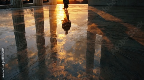 Abraham Lincolna??s reflection on the marble floor of his memorial, golden sunrise, 8k, realistic, full ultra HD, high resolution, cinematic photography