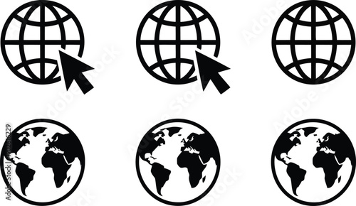 A collection of globe icons representing internet access and global connection with a mouse pointer