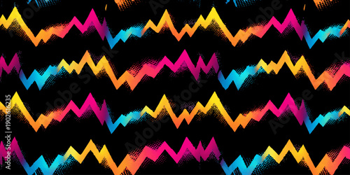 Abstract seamless pattern of music notes and equalizer waves blending into a medical EKG heartbeat pulse line for a healthcare cardiology monitor screen illustration