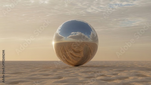 Giant sphere hovering just above calm terrain.