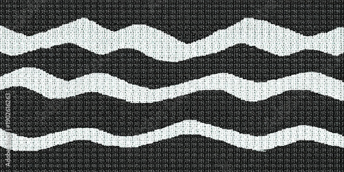 Seamless black and white geometric pattern on a textured gray linen fabric material for a woven textile design wallpaper background