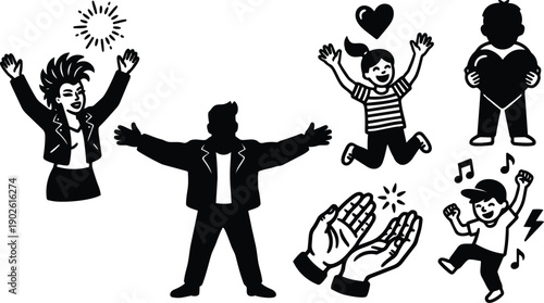 Silhouette icon set cheerful group of people raising hands clapping jumping with heart and music symbols man woman child in joyful poses landscape composition minimal monochrome