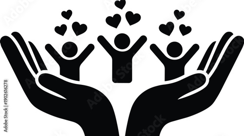 Flat design of two cupped hands holding three joyful people figures with floating hearts above them looking up community care and support icon black silhouette minimal