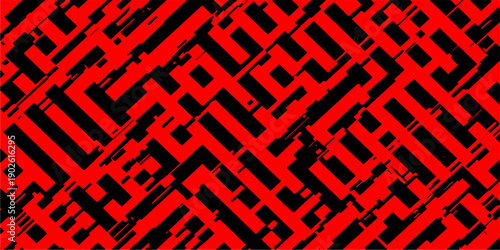 Seamless red and black geometric vector pattern featuring an abstract labyrinth maze design for modern textile decoration and wallpaper backdrops