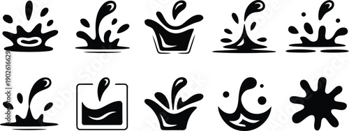 A collection of ten unique black silhouette water splash and liquid motion icons on a pure white background