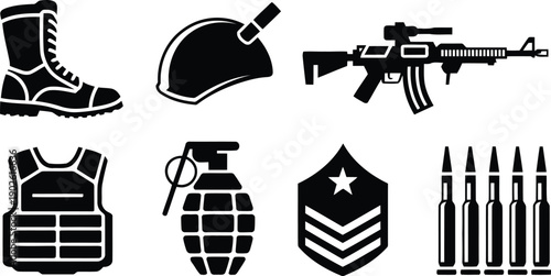 A collection of various black military equipment icons including a boot, helmet, rifle, and ammunition