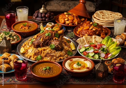 Islamic Iftar Food Feast Table with Lamb Rice and Dates for Ramadan Banner