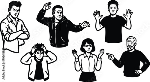 Line art vector set of expressive adults showing crossed arms pointing finger hands up holding head and shrugging shoulders in comic style gesture monochrome collection
