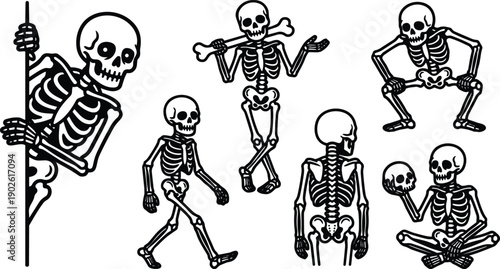 Tattoo flash line art skeleton pack showing peeking walking dancing squatting sitting posing skull holding bone on white background playful halloween