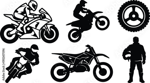 Motocross silhouette jumping dirt bike and sport bike side views with rider holding helmet and large tire icon flat vector graphic set bold black isolated simple