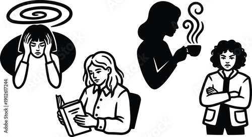 Line art icons set four female figures showing headache reading drinking coffee and arms crossed side view close up simple black and white vector composition collection