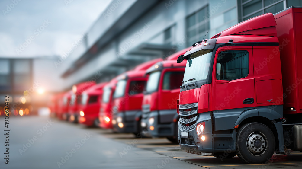 Obraz premium Fleet of trucks parked in front of warehouse, delivery vehicles ready for factory goods distribution, commercial freight with organized vehicle staging area, logistics operation wi