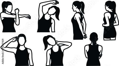 Flat design silhouette women stretching exercises set multiple poses side view back view shoulder neck warm up routine fitness vector art minimalist black icons isolated background