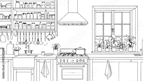 Cozy kitchen interior with shelves of jars, sink, stove, and window plants, charming hand-drawn illustration.