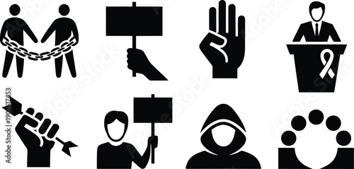 A comprehensive collection of black silhouette icons illustrating social justice, protest, human rights, and community activism