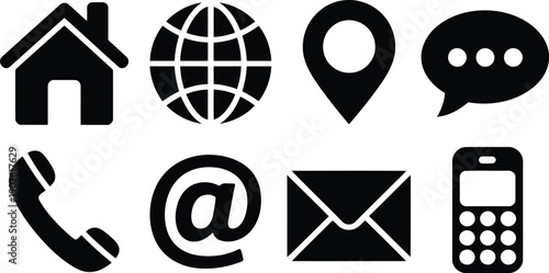 A comprehensive collection of black silhouette icons for contact and communication information on white