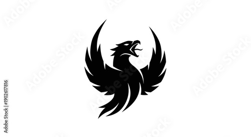 Black phoenix soaring on white background