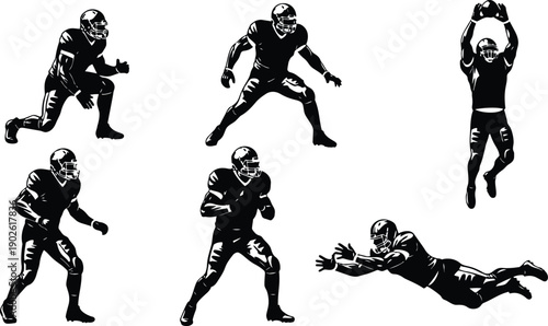 Vector silhouette set of six american football players in action poses including quarterback throwing running catching jumping and diving isolated on white background bold contrast sports