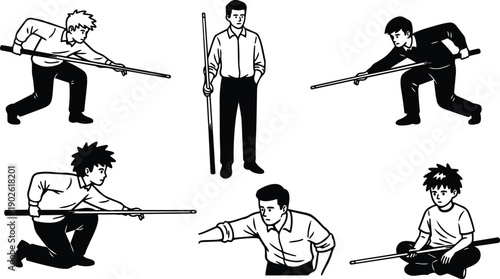 Line art close up pool players holding cues in varied shots standing kneeling and aiming at table coach pointing guiding young boy sitting cross legged focused