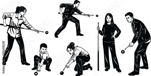 Line art close up and full body bocce players throwing measuring crouching and preparing shots in varied poses on white background dynamic sports action composition illustration