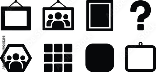 A comprehensive set of black flat design icons for photo galleries, user interfaces, and common symbols