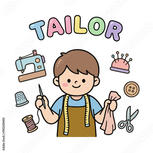 Cartoon Boy Wearing Apron with Sewing Tools.