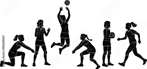 Silhouette vector volleyball players performing jump spike serve dig and set actions in dynamic sequence on court wearing knee pads high contrast coordinated