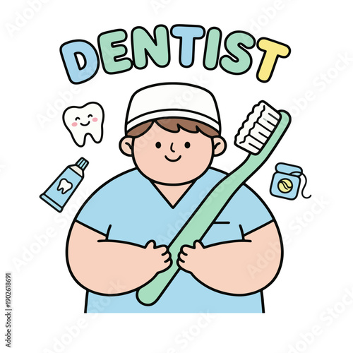 Cartoon Dentist Holding Toothbrush with Dental Items.