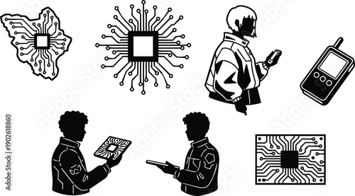 Line art tech vector showing close up microchip circuit icons and silhouette technicians inspecting tablet and handset in communication repair context high contrast modern utility set