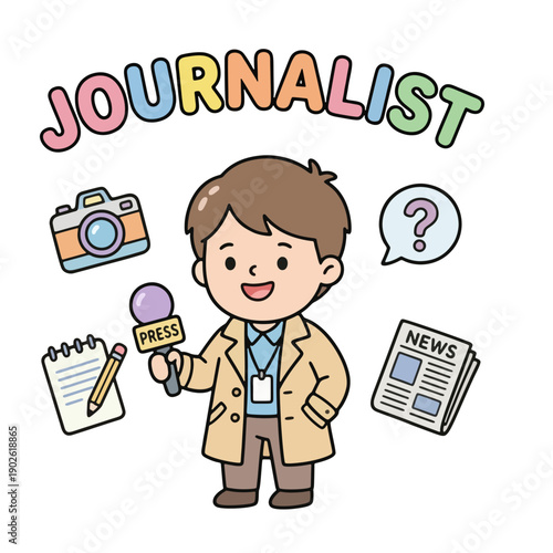 Cartoon Male Journalist Holding Microphone Press.