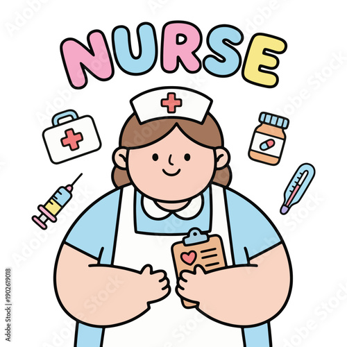 Cartoon Nurse with Medical Equipment and Clipboard.