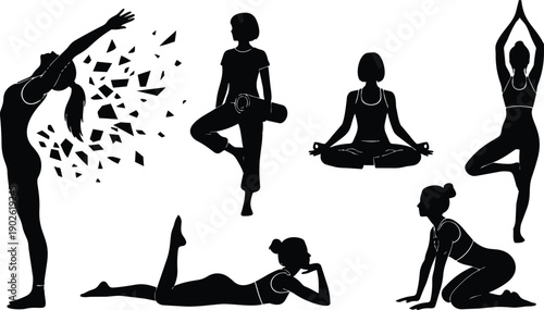 Minimalist vector silhouettes of women practicing yoga in varied poses stretching backbend tree pose lotus pose cobra pose relaxation studio calm balance mind body flow grace