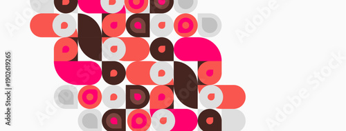 Abstract geometric shapes, circles, squares, rectangles. Pink, brown, orange hues dominate composition. Minimalist design, flat aesthetic.