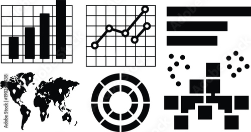 Flat design infographic icon set with bar chart and line graph close up world map donut chart network blocks horizontal bars black and white minimal layout