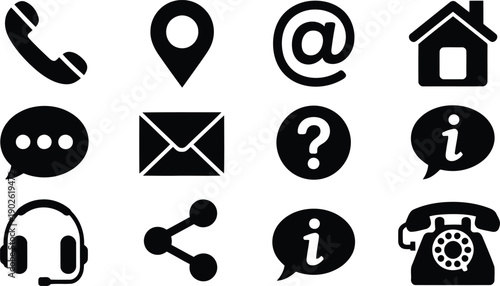 A comprehensive set of essential black communication and contact symbols on a clean white field