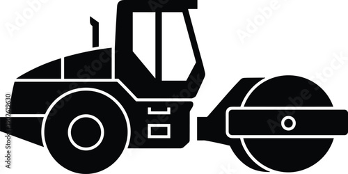 Road roller silhouette vector illustration, heavy construction compactor vehicle, asphalt paving machinery icon, industrial engineering equipment, isolated black design, graphic