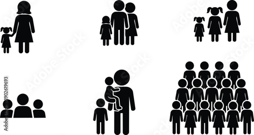 Flat design family icon set showing mother father and children in varied groupings including parent holding child close high contrast black silhouettes simple minimal front view clean