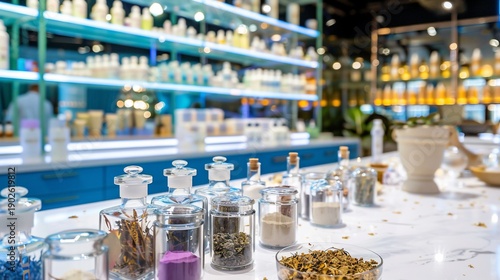 Close-up of apothecary jars on counter, with shelves of products in the background