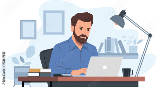 Flat vector illustration of a professional bearded man working on a laptop at his office desk with a lamp, books, and coffee cup.
