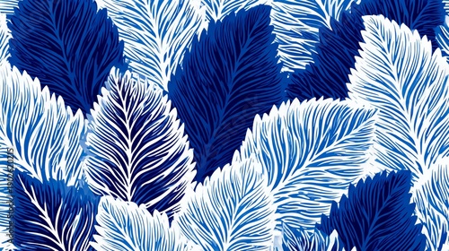 Blue and white leafy pattern with a blue and white background. The leaves are very detailed