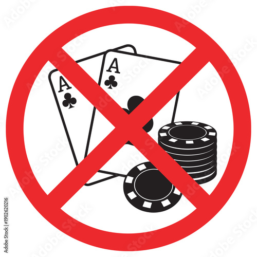 Prohibition sign vector graphic, gambling ban icon, no casino chips cards symbol, scalable eps illustration, forbidden betting warning pictogram