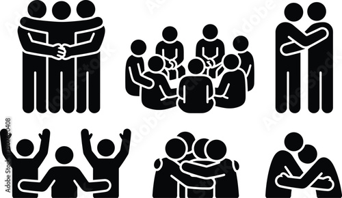 Diverse people showing love and support in various group settings