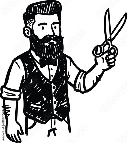 Line art close up bearded barber holding scissors with bow tie and rolled sleeves vest hipster barber standing looking forward simple black sketch hand drawn vector