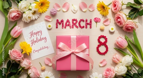 Happy Women's Day celebration with gifts and flowers