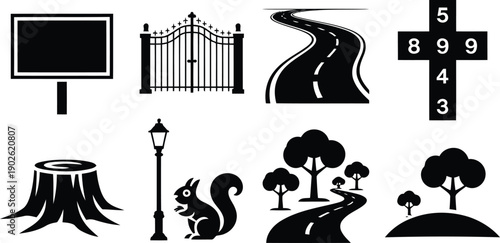 A diverse collection of black silhouette icons depicting outdoor scenery and common objects