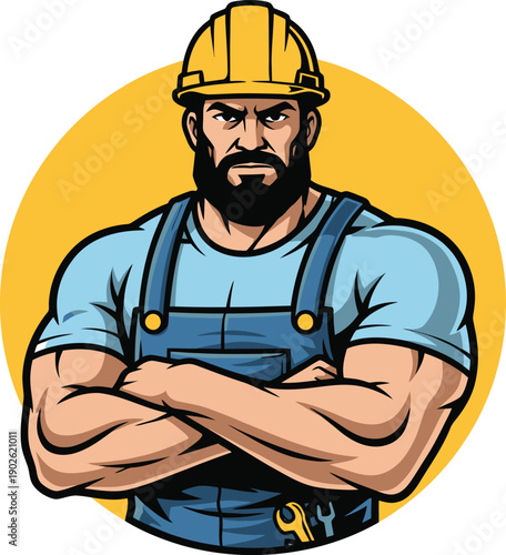Cartoon illustration of a muscular construction worker with arms crossed