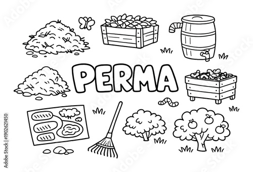 Permaculture elements: compost, barrels, trees, garden tools, harvest bins
